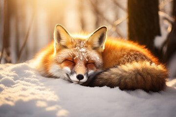 Obraz premium Red fox lying in a winter forest