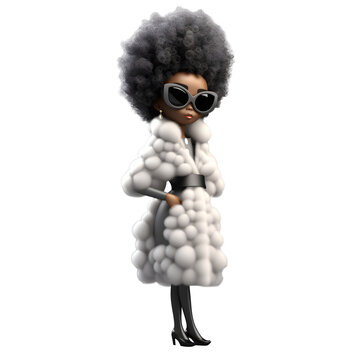 3D cartoon character afro hair woman model in wearing fur coat dress fashion glamour trendy and colour sunglasses, Full body standing posing idea concept design, isolated on white background