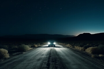 Landscape and transportation concept. Car driving on empty road in desert during night. Car illuminating road with beams. Clear with stars and milky way sky background with copy space. Generative AI
