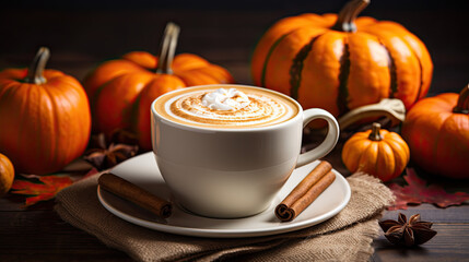 A coffee with cream with pumpkins in the background - obrazy, fototapety, plakaty