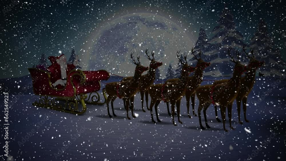 Sticker Animation of santa sleigh and snow falling in night winter landscape