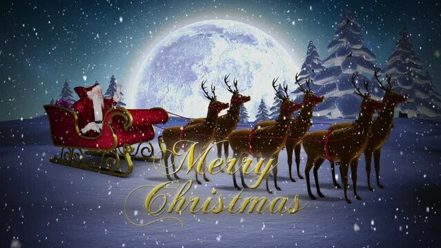 Animation of santa sleigh and merry christmas in night winter landscape