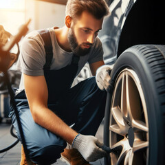 Fototapeta premium Close up of a repairman changing wheel and tire in a workshop.