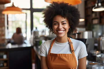 Woman wearing orange apron smiles at camera. This picture can be used to showcase friendly customer service or as representation of happy and approachable worker. - obrazy, fototapety, plakaty
