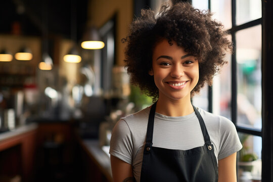 Woman Wearing Apron Stands In Front Of Window. This Image Can Be Used To Depict Household Chores, Cooking, Or Peaceful Moment At Home.