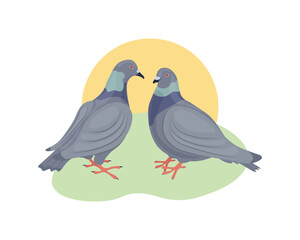 Pigeons. Two pigeons look at each other. Pigeon and dove-dove on the background of the rising sun. Urban birds. Vector illustration on a white background