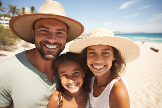 Picture of man, woman, and child spending quality time together on beautiful beach. Perfect for illustrating family vacations and joy of spending time with loved ones.