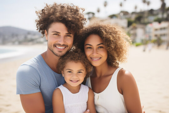 Picture of man, woman, and child enjoying day at beach. This image can be used to depict family vacations, summer activities, and quality time spent together.