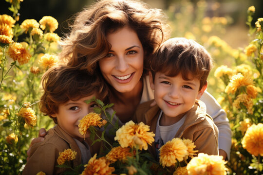 Woman and two children standing in beautiful field of colorful flowers. This image can be used to represent family bonding, nature, happiness, or peaceful outdoor setting.