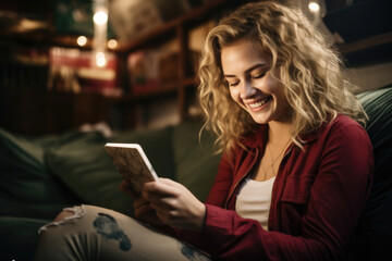Fototapeta premium Woman sitting on couch using cell phone. This picture can be used to illustrate modern technology and communication.