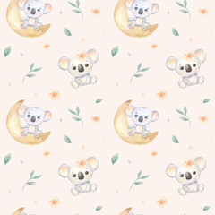 Fototapeta premium Seamless pattern with cute koala on crescent moon. Funny childish background for clothes, fabric, nursery wallpaper. Hand drawn baby koala