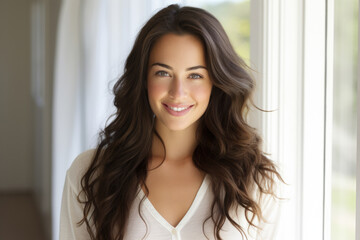 Beautiful young woman stands in front of window. This image can be used to portray elegance, solitude, or contemplation.