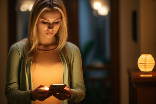 Woman is seen looking at her cell phone in dimly lit environment. This image can be used to depict modern technology usage, late-night communication, or impact of digital devices on daily life.
