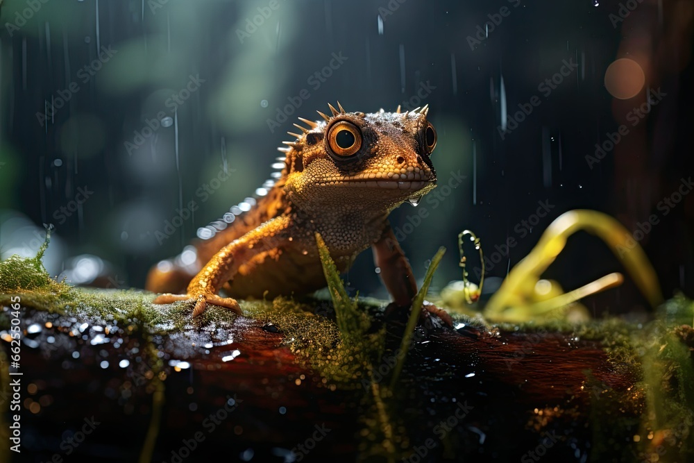 Poster a small lizard sitting on a log in the rain with it's eyes wide open. generative ai