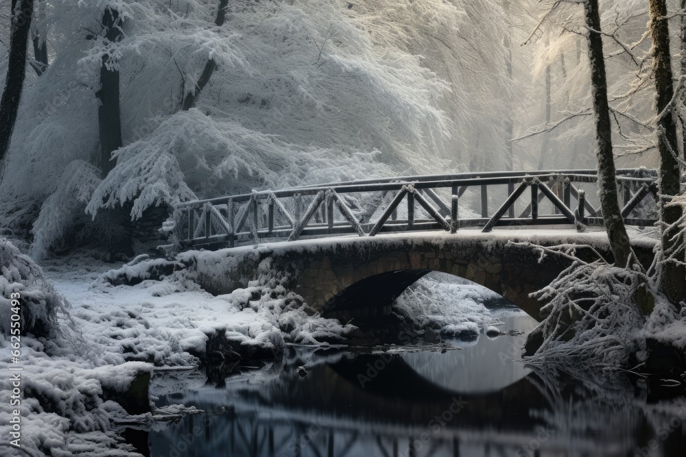 Poster a bridge over a small stream in a snowy forest with snow on the ground. generative ai