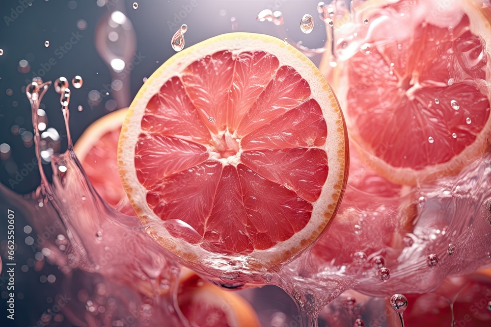 Poster grapefruits splashing into a pool of water, creating a vibrant and colorful scene the background is 