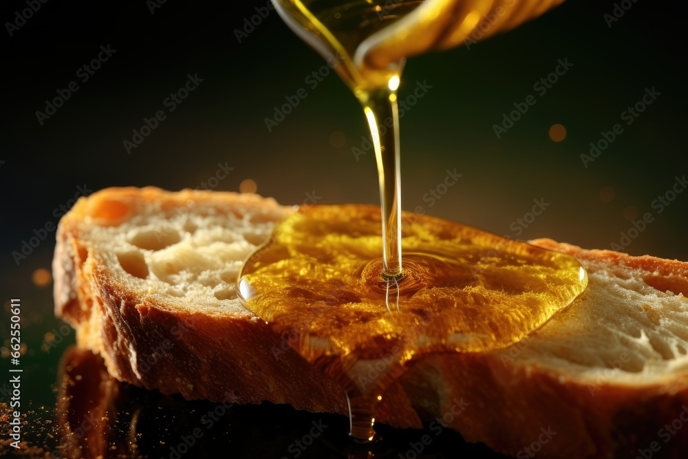 Poster a piece of bread with honey dripping from it on a table. generative ai