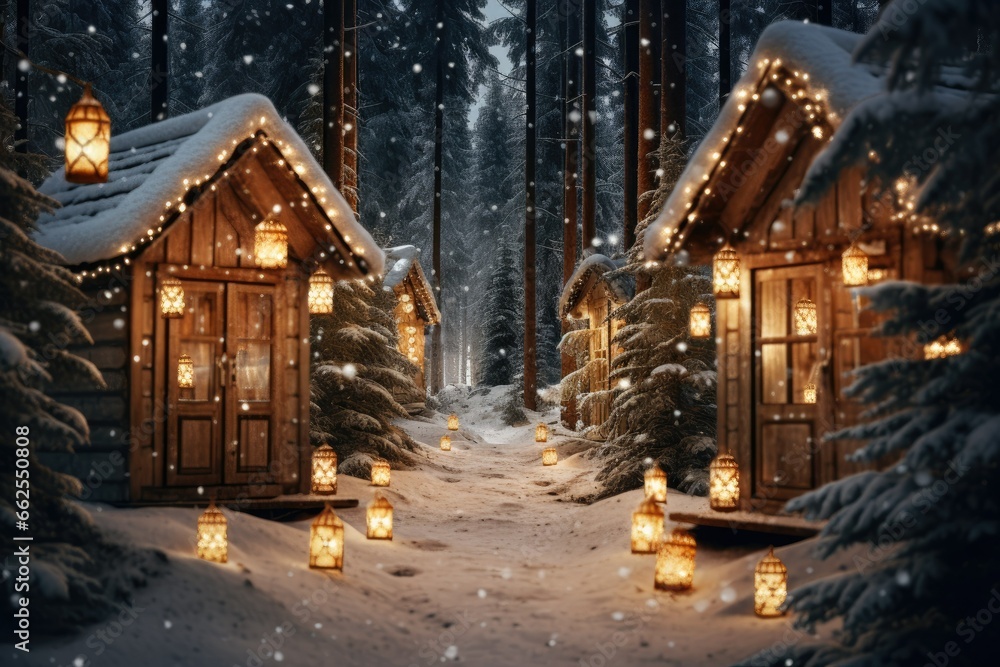 Poster a snowy scene of a cabin with lights on the windows. generative ai