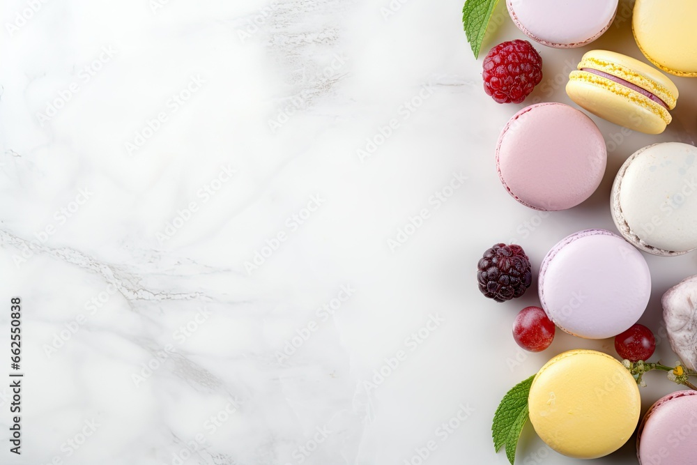 Poster a table topped with macaroons and raspberries. generative ai