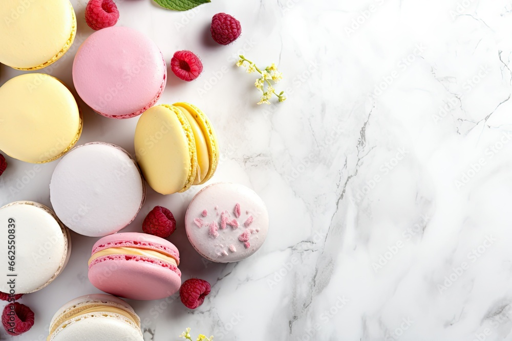 Poster a table topped with lots of different colored macaroons. generative ai