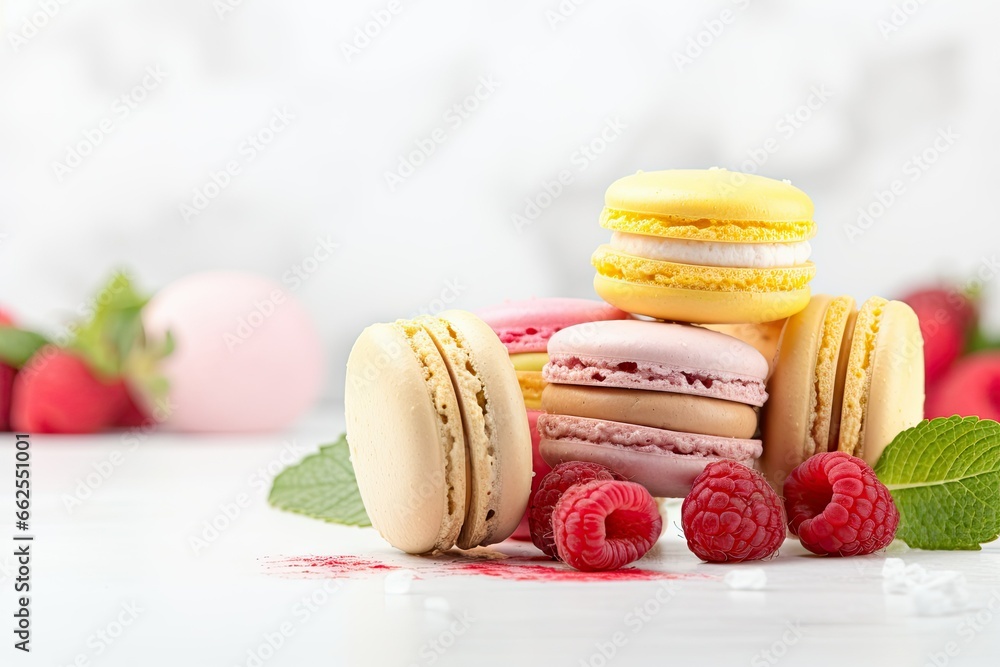 Poster a stack of macaroons and raspberries on a table. generative ai