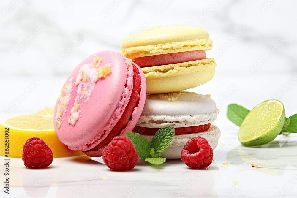 Poster  a stack of macaroons and raspberries on a table.  generative ai