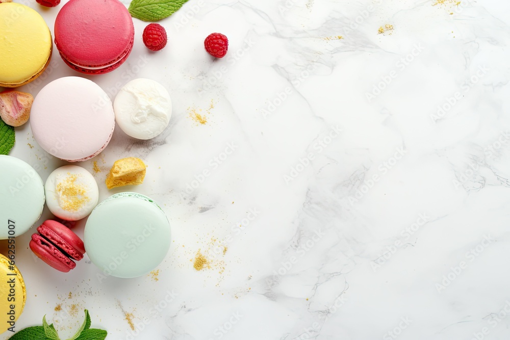 Poster a marble table topped with macaroons and raspberries. generative ai