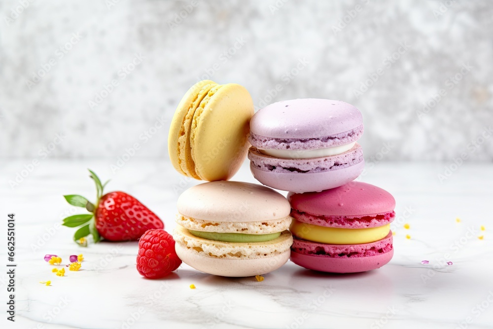 Poster a stack of macaroons and a strawberry on a marble surface. generative ai
