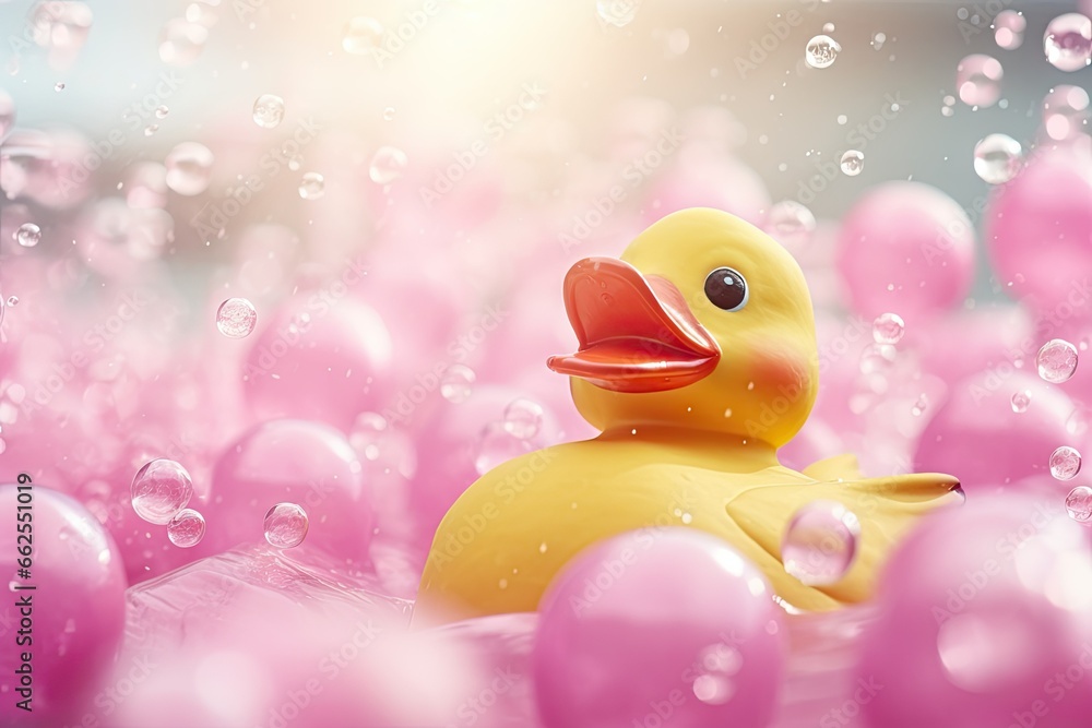 Poster a rubber ducky floating in a pool of pink balls. generative ai