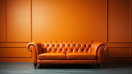 Orange tufted leather sofa against smooth wall with copy space. Minimalist home interior design of modern living room.