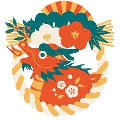 年賀状、2024年、辰年、和風、イラスト、アイコン、正月、イラスト、かわいい、しめ飾り、しめ縄、朱色、レトロカラー