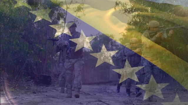 Animation of bosnia and herzegovina flag over diverse soldiers with guns walking through forest