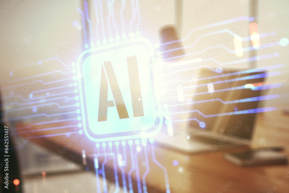Aufkleber double exposure of creative artificial intelligence icon with modern laptop on background. neural ne