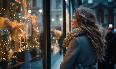 As Christmas time nears, an elegant woman's reflection shines in the store window, dreaming of...