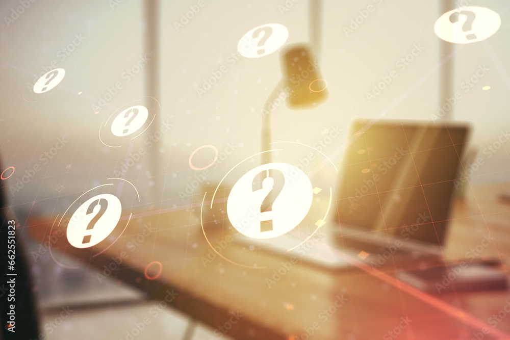 Aufkleber creative abstract question mark sketch on modern laptop background, faq and research concept. double
