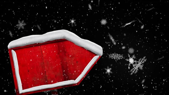 Animation of christmas red sign with copy space, snow and stars falling on black background