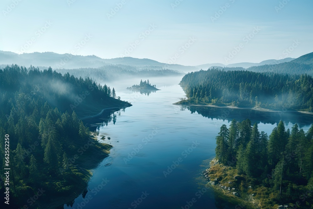 Poster an aerial view of a lake surrounded by trees and fog. generative ai