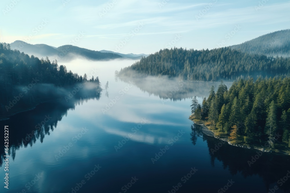 Poster an aerial view of a lake surrounded by trees and fog. generative ai
