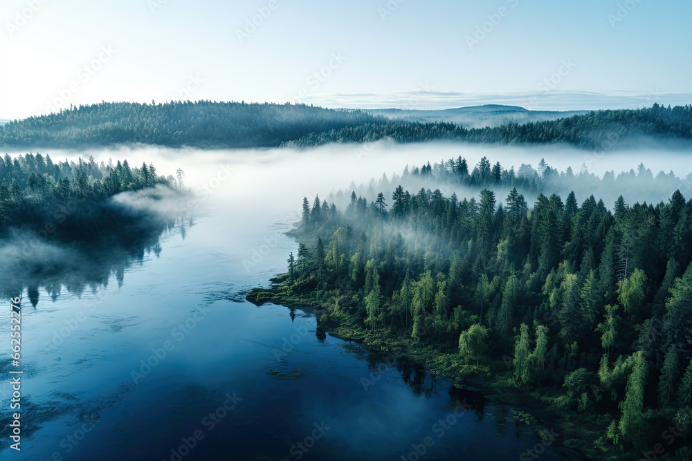 Poster an aerial view of a lake surrounded by trees and fog. generative ai