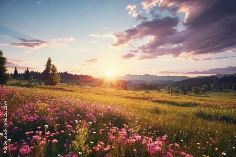 Poster a field of wildflowers with the sun setting in the background. generative ai