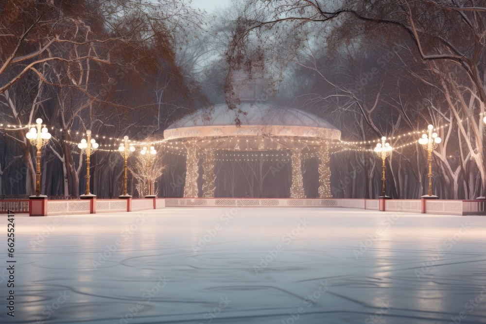 Poster an ice rink with lights and a gazebo in the background. generative ai