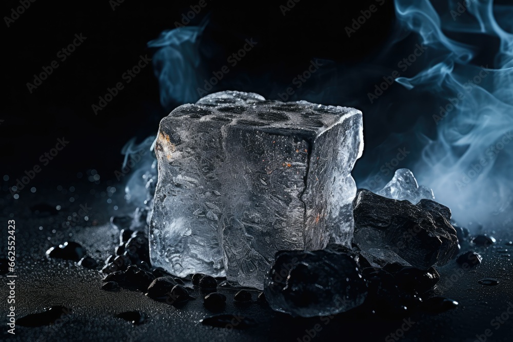 Poster a block of ice sitting on top of a pile of rocks. generative ai