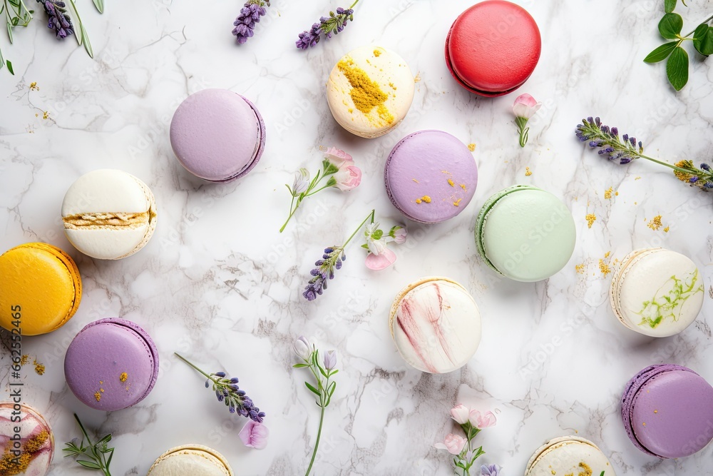 Poster a marble table topped with different colored macarons and flowers. generative ai