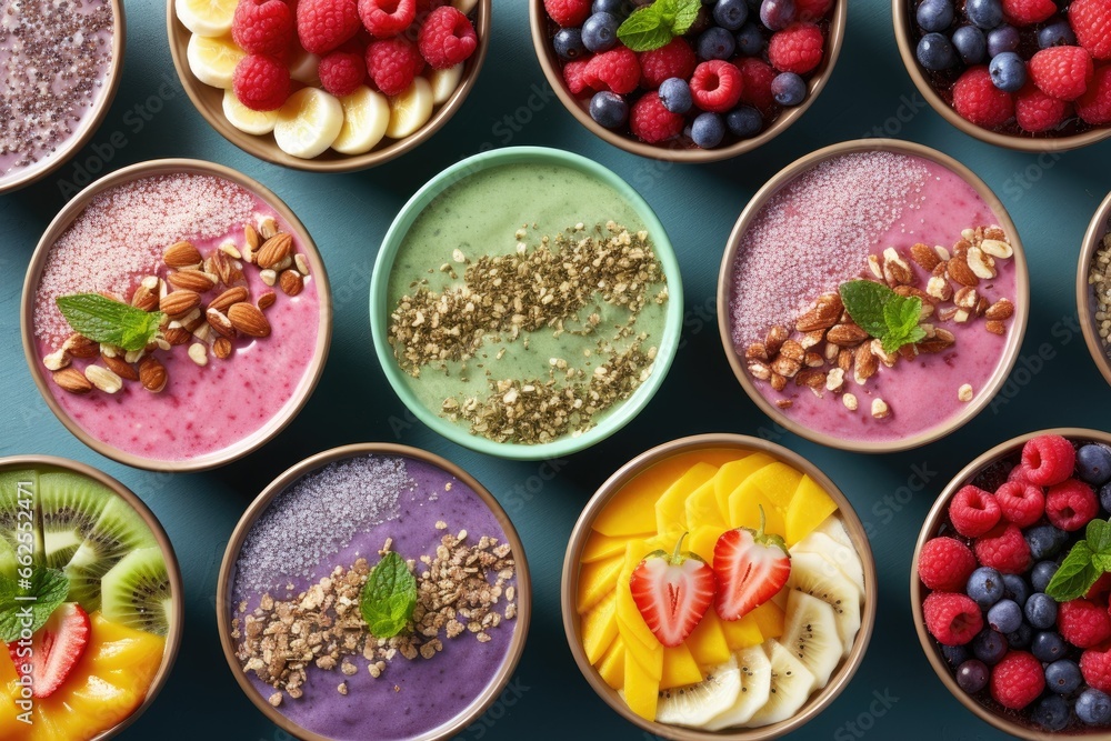 Poster a table topped with bowls filled with different types of food. generative ai