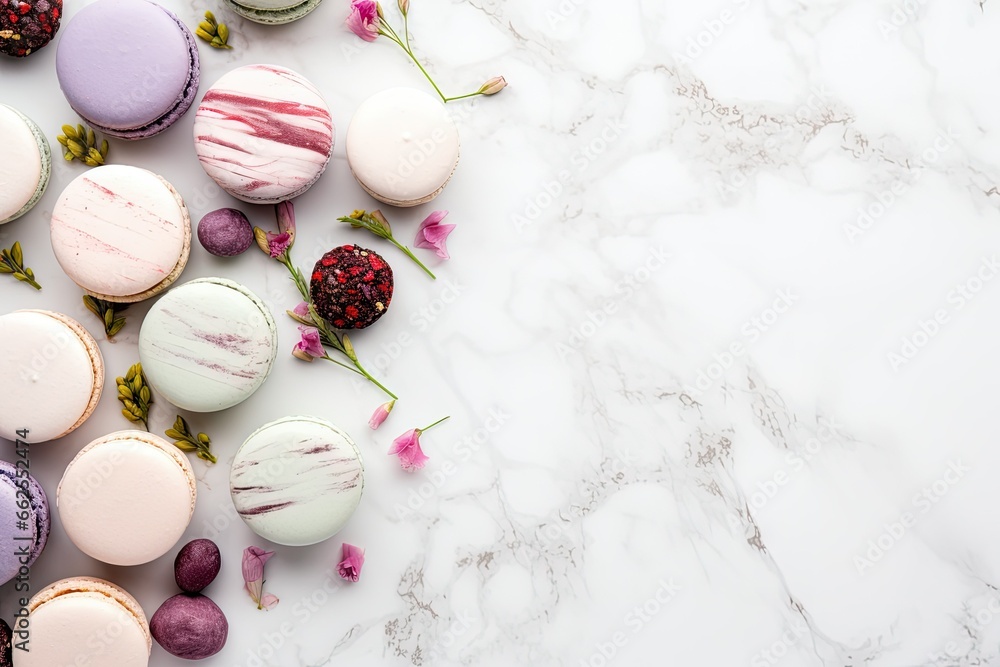 Poster a table topped with macaroons and flowers on top of it. generative ai