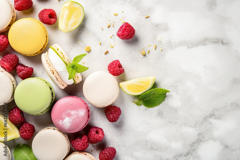 Poster a table topped with different types of desserts and raspberries. generative ai