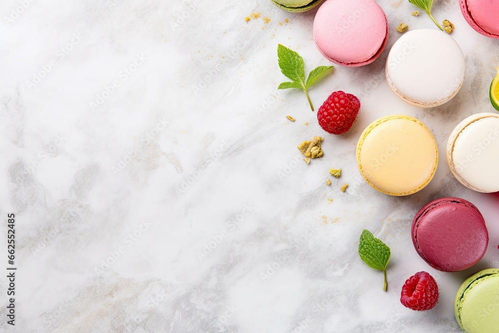 Poster a table topped with macaroons and raspberries. generative ai
