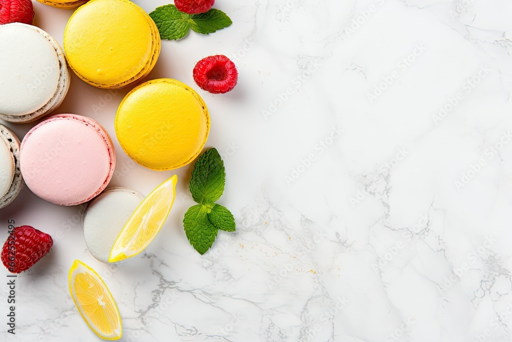 Poster a table topped with macaroons and raspberries. generative ai