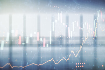 Multi exposure of virtual creative financial graph and world map on empty corporate office background, forex and investment concept