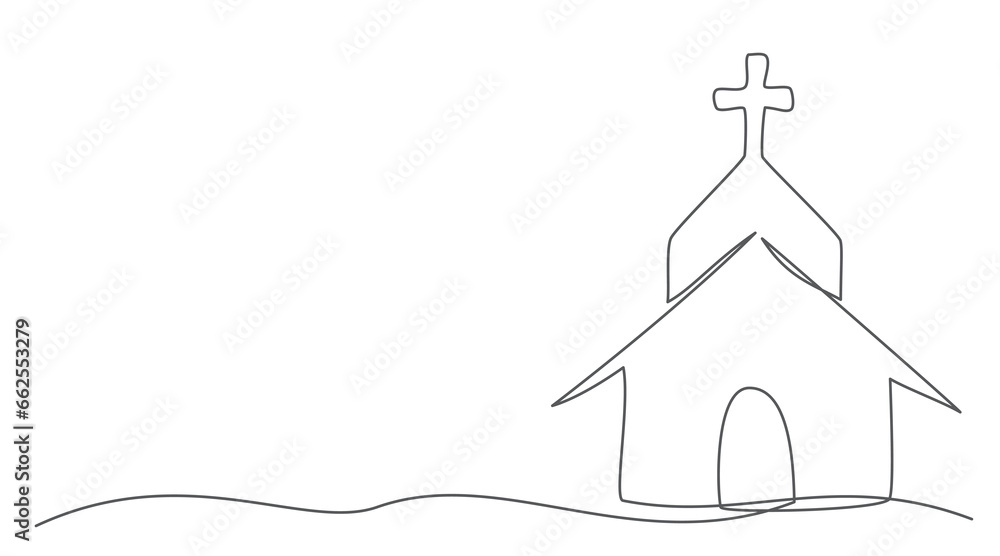 Wall mural Church One line drawing isolated on white background